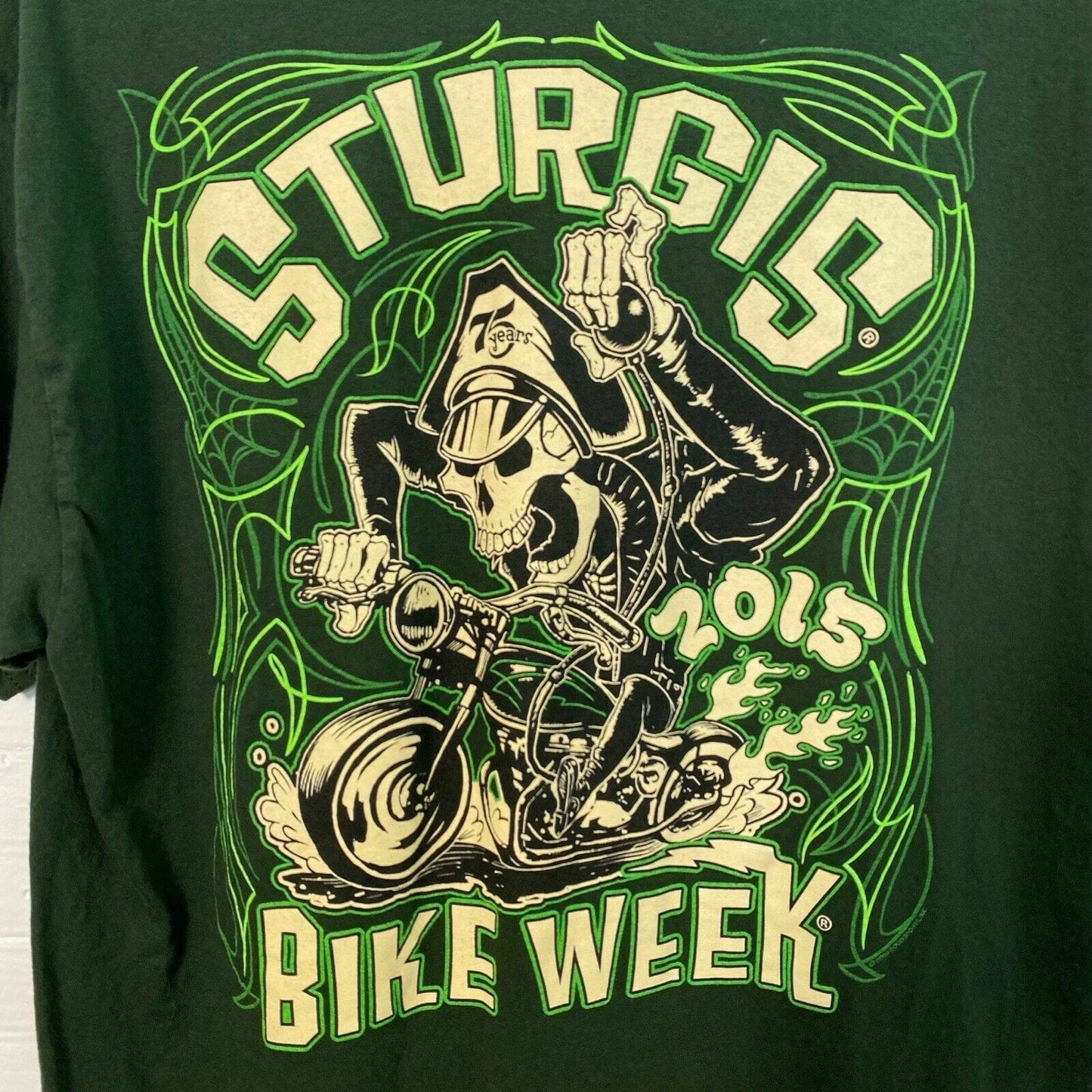 Sturgis Bike Week 2015 Men's Green Short Sleeve T-Shirt - Size L - 75th Anniversary - Pre-Owned