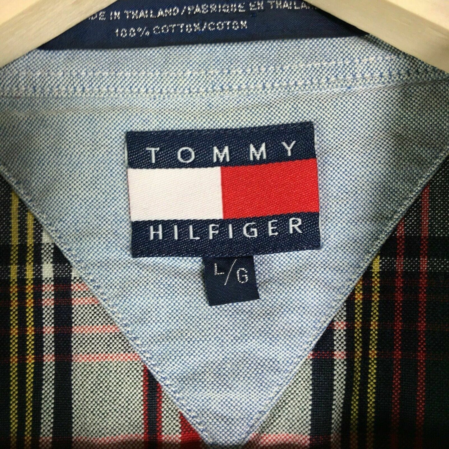 Tommy Hilfiger Men's Red and Green Plaid Long Sleeve Button-Down Shirt - Size L - 100% Cotton