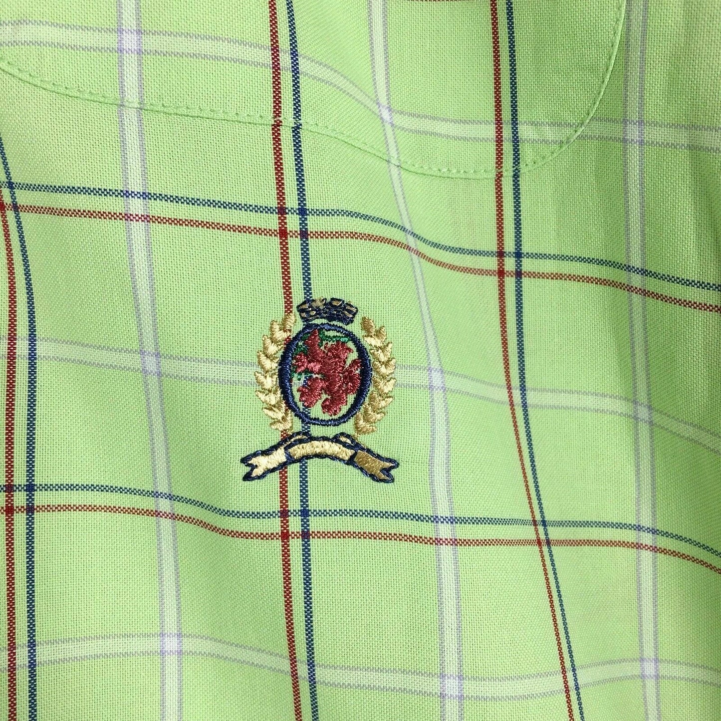 Tommy Hilfiger Men's Green Plaid Short Sleeve Button-Down Shirt - Size L - 100% Cotton
