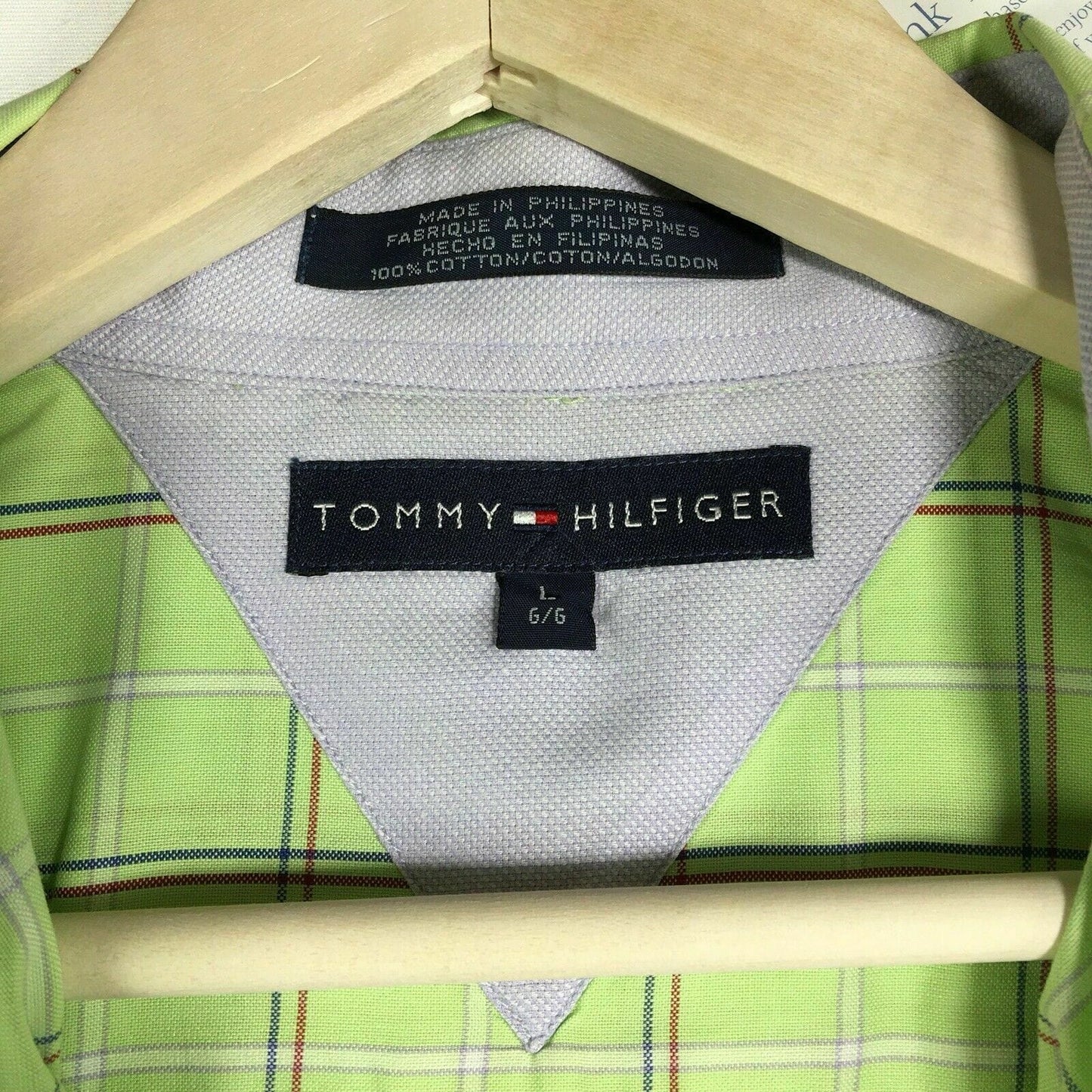 Tommy Hilfiger Men's Green Plaid Short Sleeve Button-Down Shirt - Size L - 100% Cotton