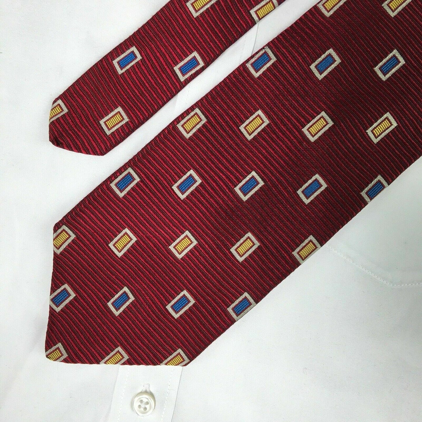 Paul Fredrick Mens Red Textured Stripe W/ Blue & Gold Block Italian Silk Tie