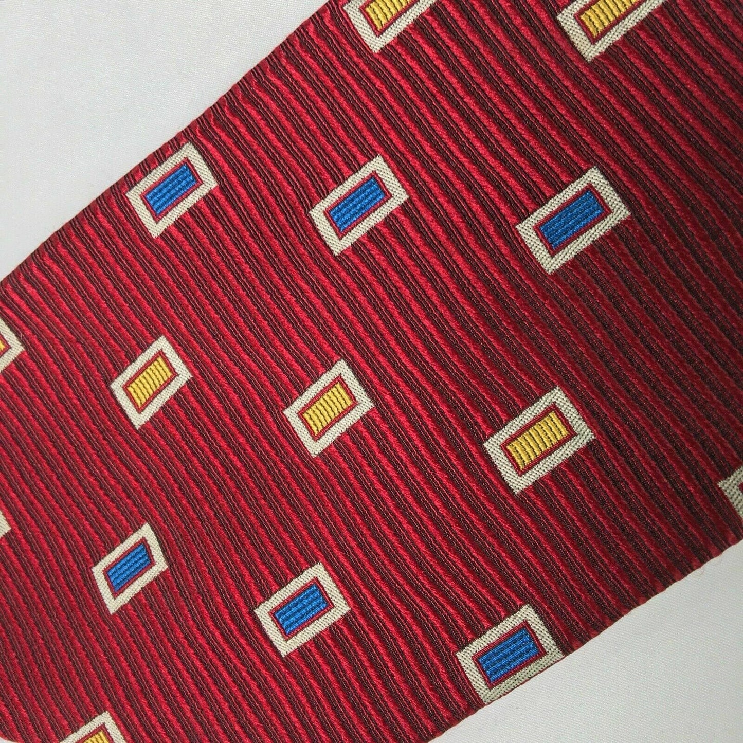 Paul Fredrick Mens Red Textured Stripe W/ Blue & Gold Block Italian Silk Tie