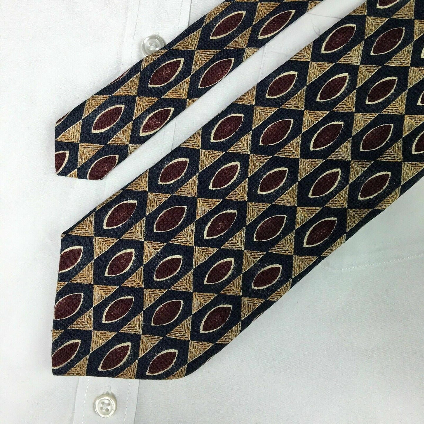 VTG Vito Rufolo Mens Navy/Maroon/Gold Geometric Pattern 100% Silk Neck Tie 58”