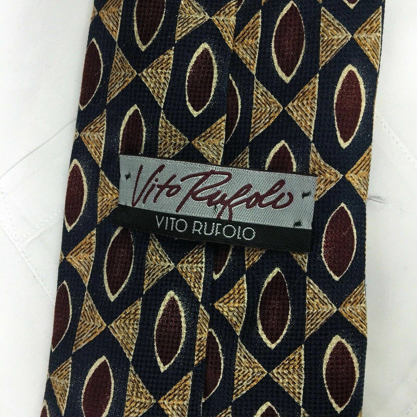 VTG Vito Rufolo Mens Navy/Maroon/Gold Geometric Pattern 100% Silk Neck Tie 58”