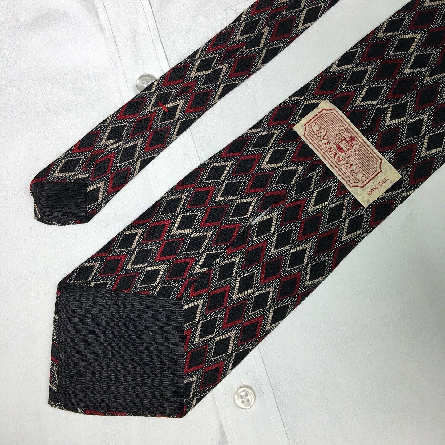 Venanzi Mens Black W/ Red & Tan Diamond Pattern Print 100% Silk Neck Tie