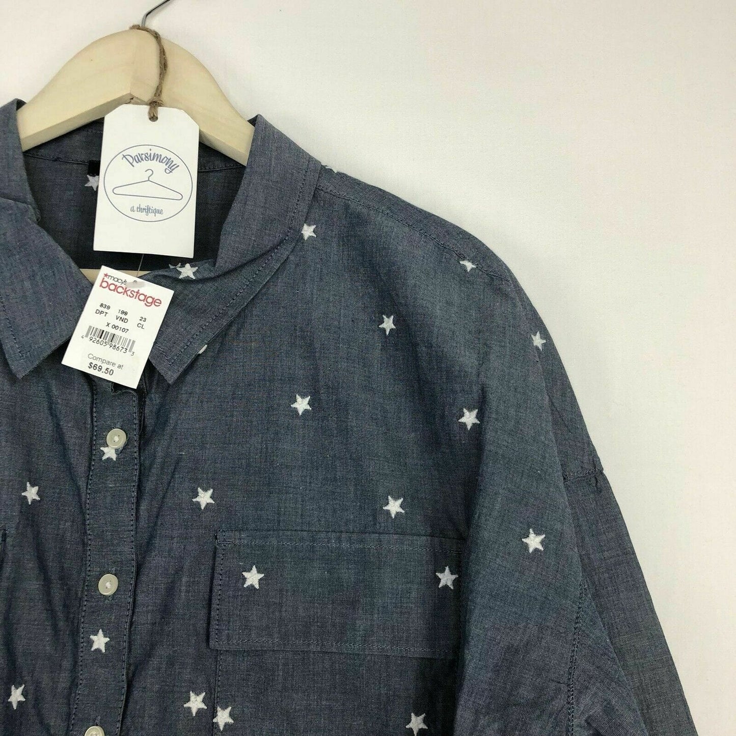 Tommy Hilfiger Women's Blue Star-Patterned Long Sleeve Button-Up Shirt - Size L