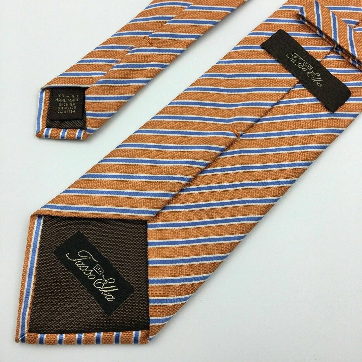 Tasso Elba Spa Mens Pastel Orange And Blue Striped 100% Silk 58” Necktie