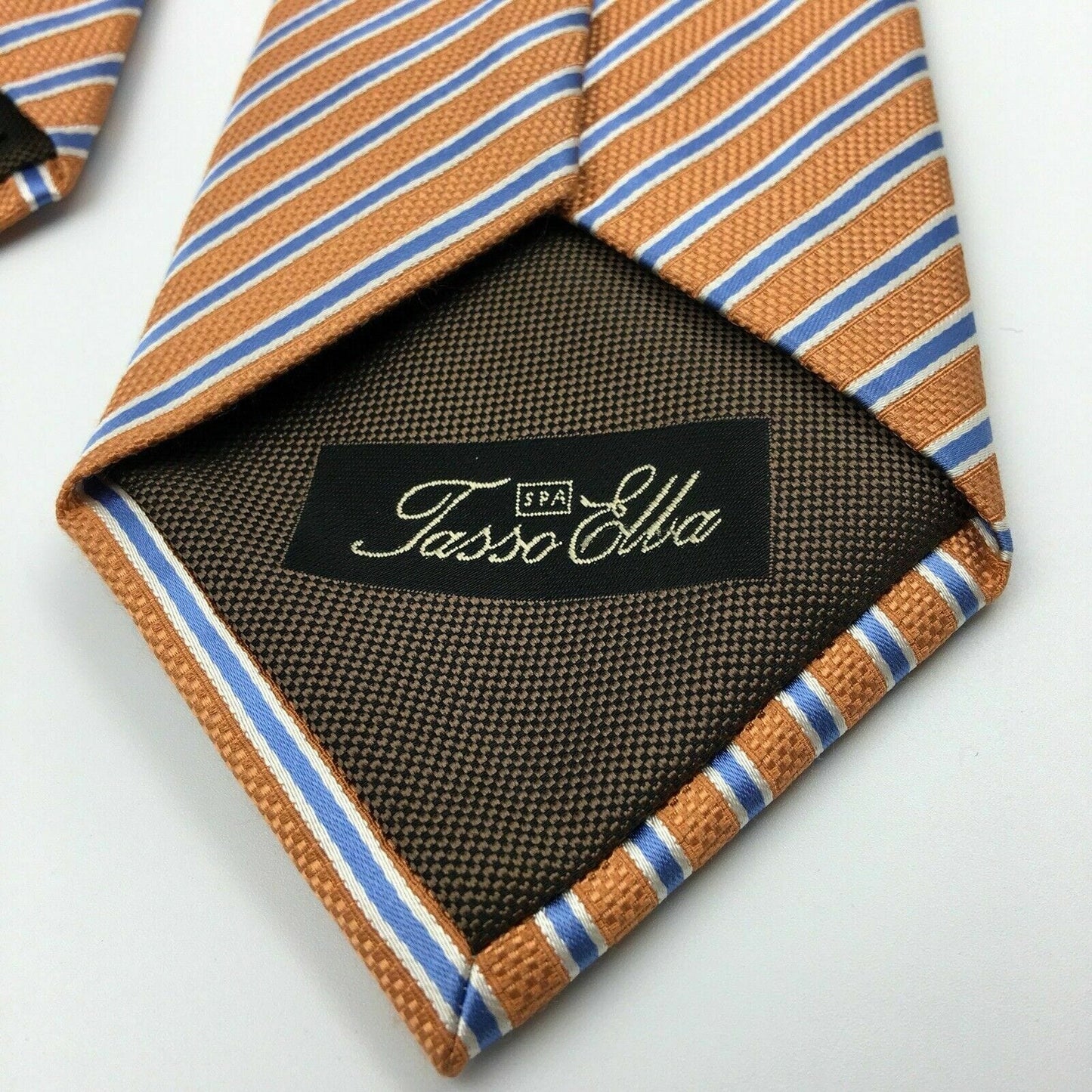 Tasso Elba Spa Mens Pastel Orange And Blue Striped 100% Silk 58” Necktie