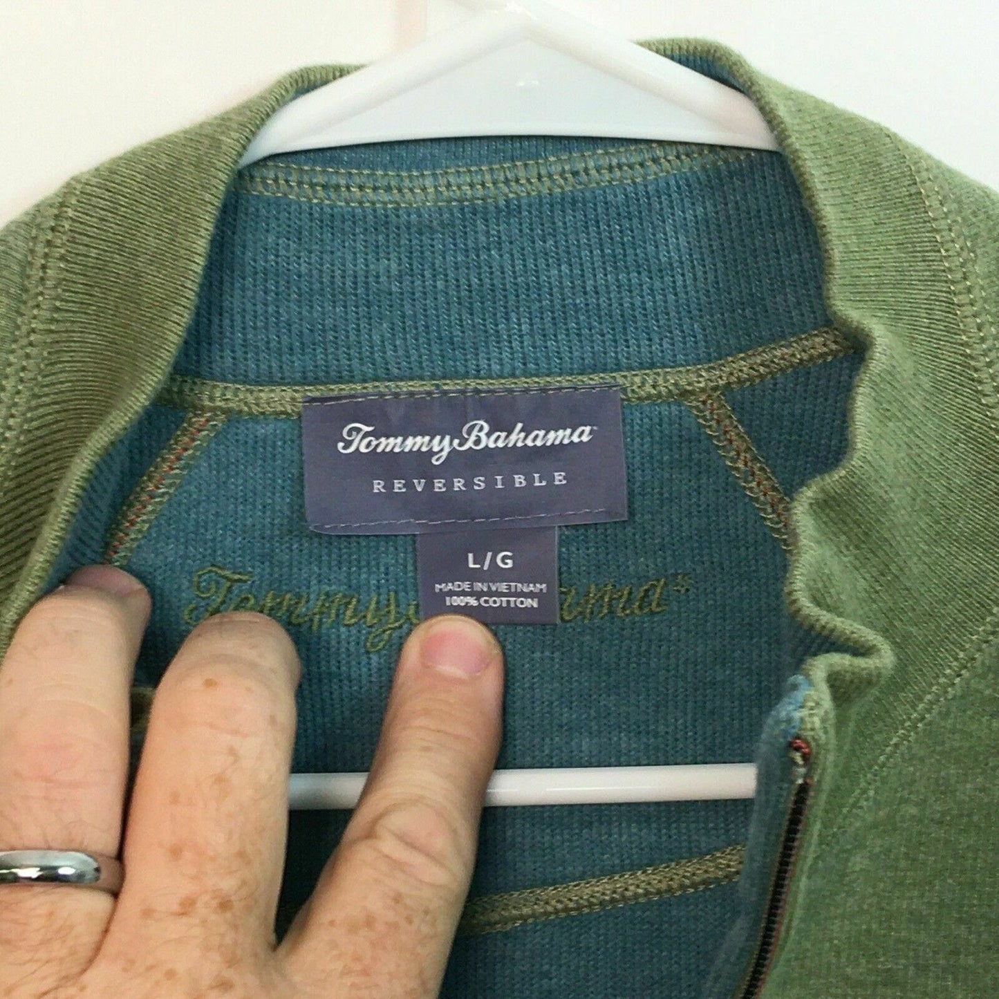 Tommy Bahama Men's 1/4 Zip Pullover Sweater - Reversible Green/Blue - Size L - Pre-Owned