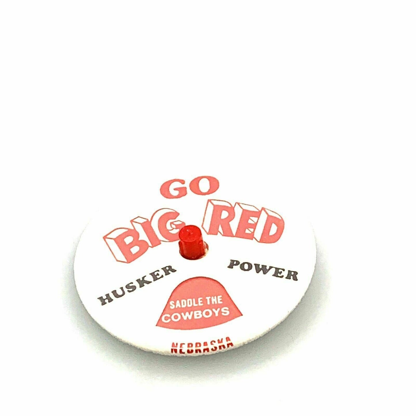 Vintage Nebraska Huskers GO BIG RED Spinner Pinback Button, White - 2.5”