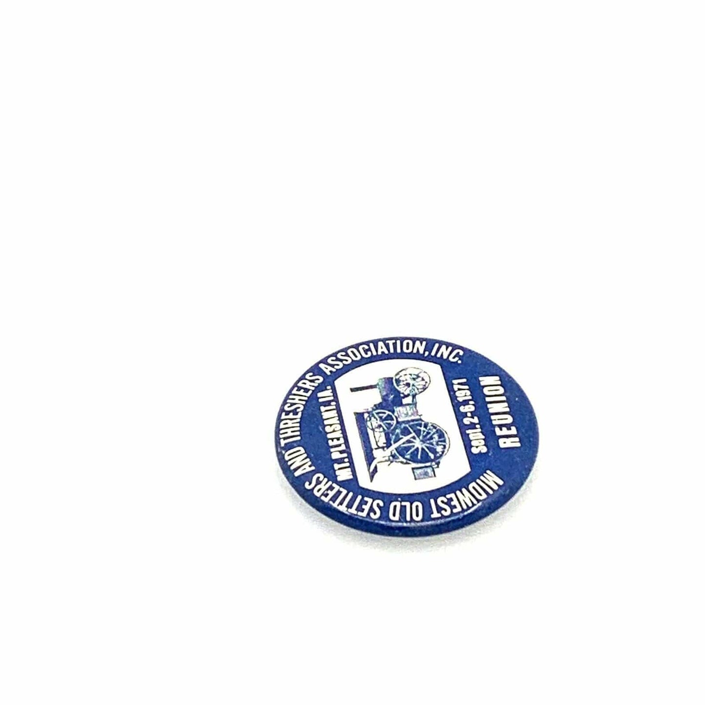 Vintage 1971 Midwest Old Settlers Threshers Assoc. Reunion Button Pin Pinback, Blue