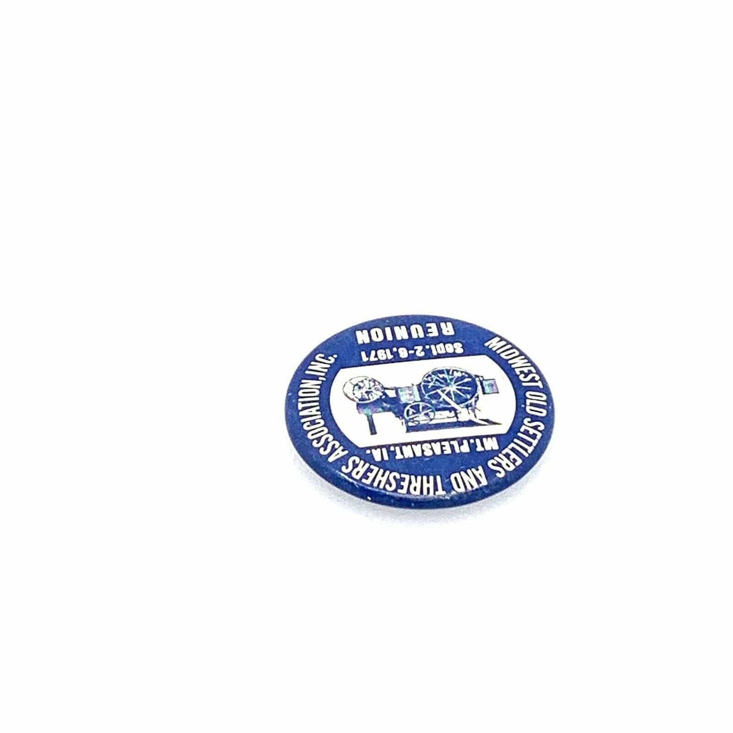 Vintage 1971 Midwest Old Settlers Threshers Assoc. Reunion Button Pin Pinback, Blue