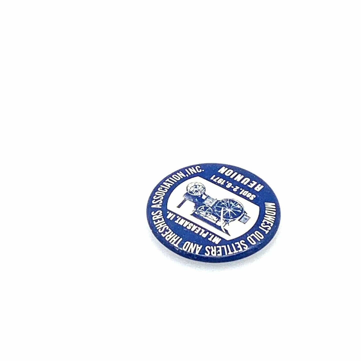 Vintage 1971 Midwest Old Settlers Threshers Assoc. Reunion Button Pin Pinback, Blue
