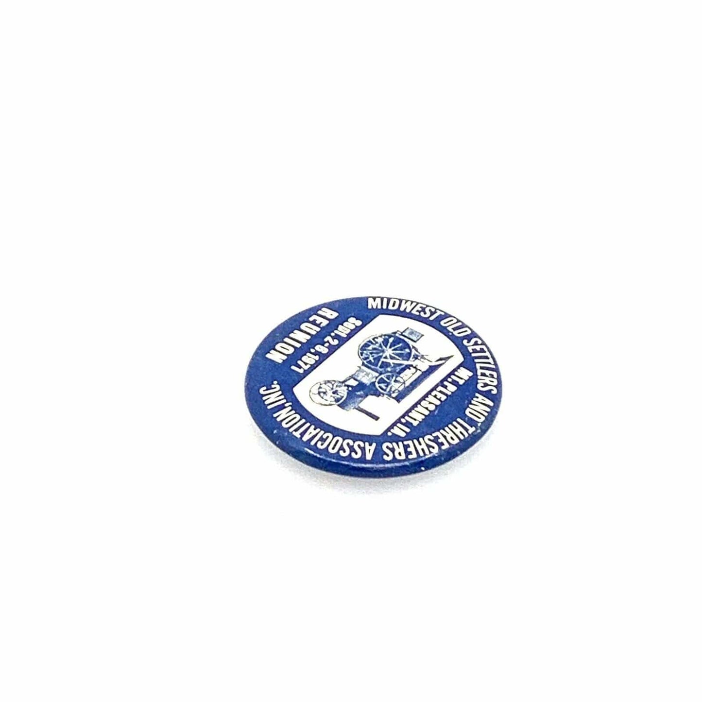 Vintage 1971 Midwest Old Settlers Threshers Assoc. Reunion Button Pin Pinback, Blue