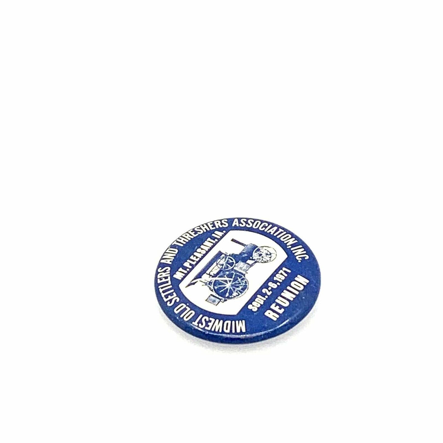 Vintage 1971 Midwest Old Settlers Threshers Assoc. Reunion Button Pin Pinback, Blue