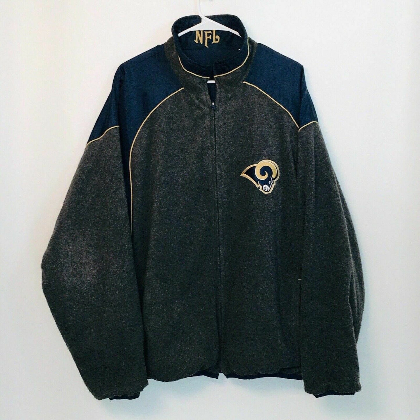 St Louis Rams Mens Reversible Stadium Jacket Size XL Blue Gold Logo Embroidered - parsimonyshoppes