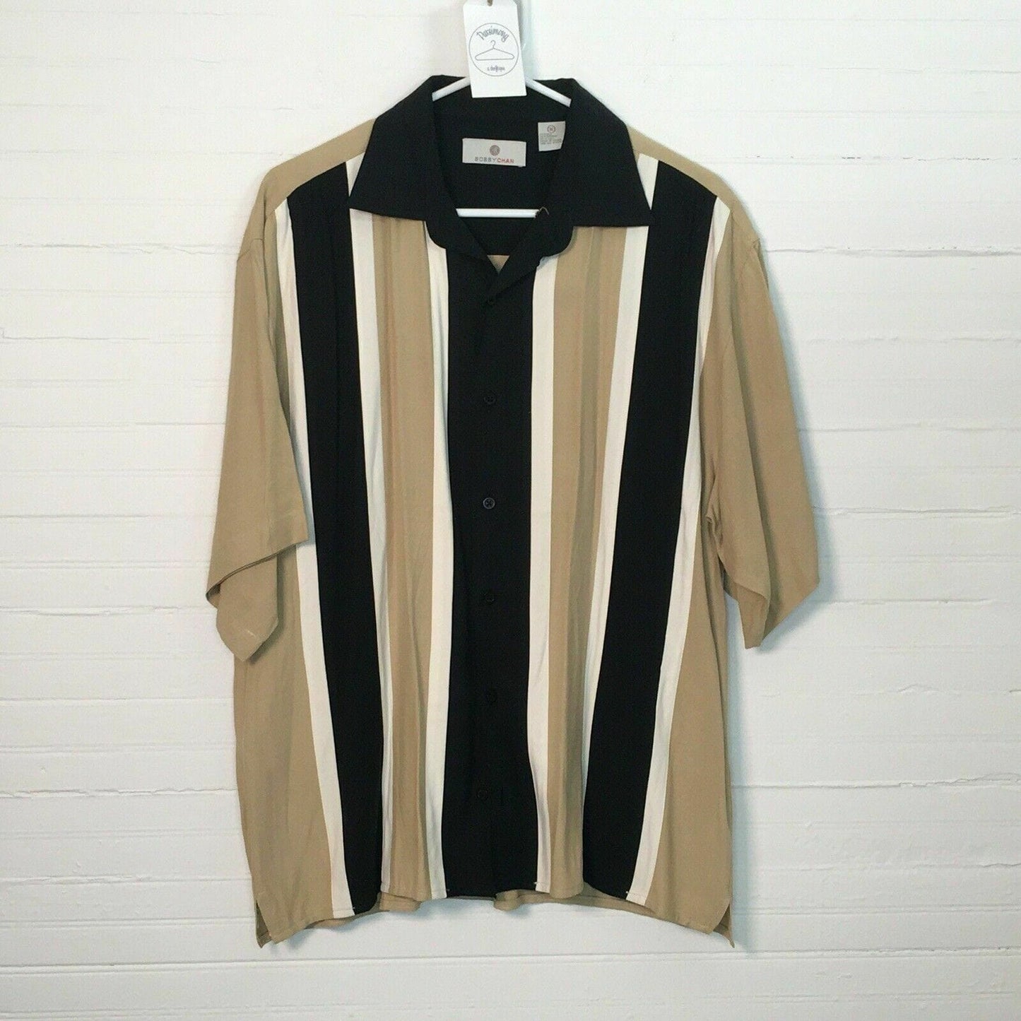 Bobby Chan Mens Short Sleeve Button Up Casual Lounge Shirt, Black / Beige - M *
