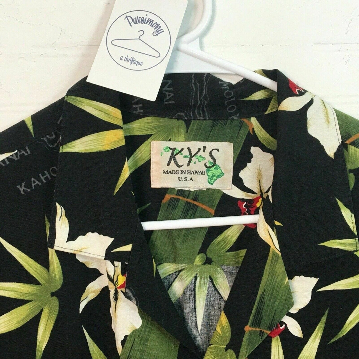 KY's Men's Hawaiian Shirt | Black Tropical Floral Print | Size XL