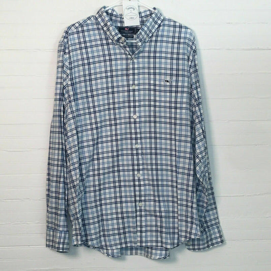 Vineyard Vines Mens Slim Fit Button Down Tucker Shirt - Blue White Plaid - Size L