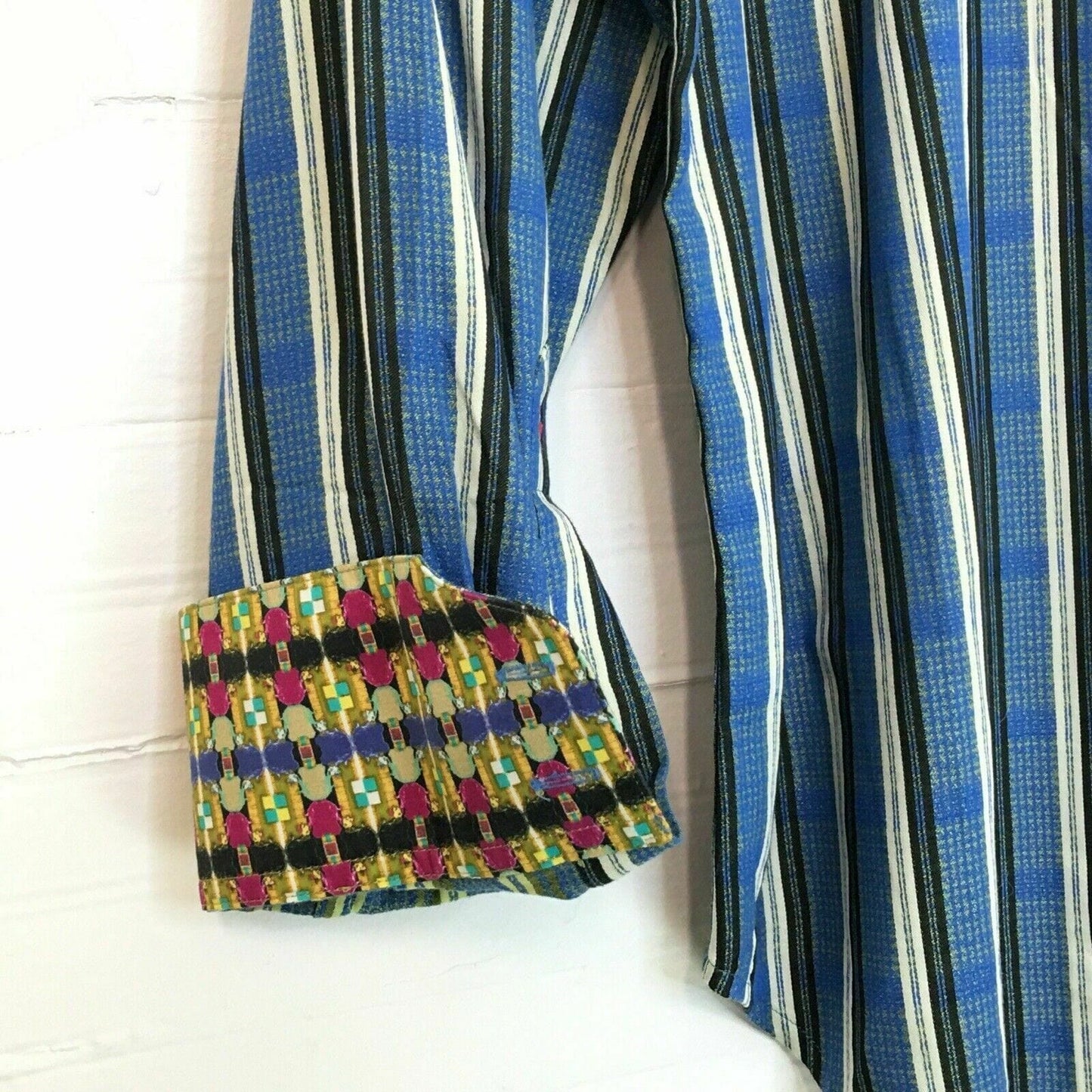 Robert Graham Mens Long Sleeve Shirt, Blue Striped - Size M - Contrasting Cuffs