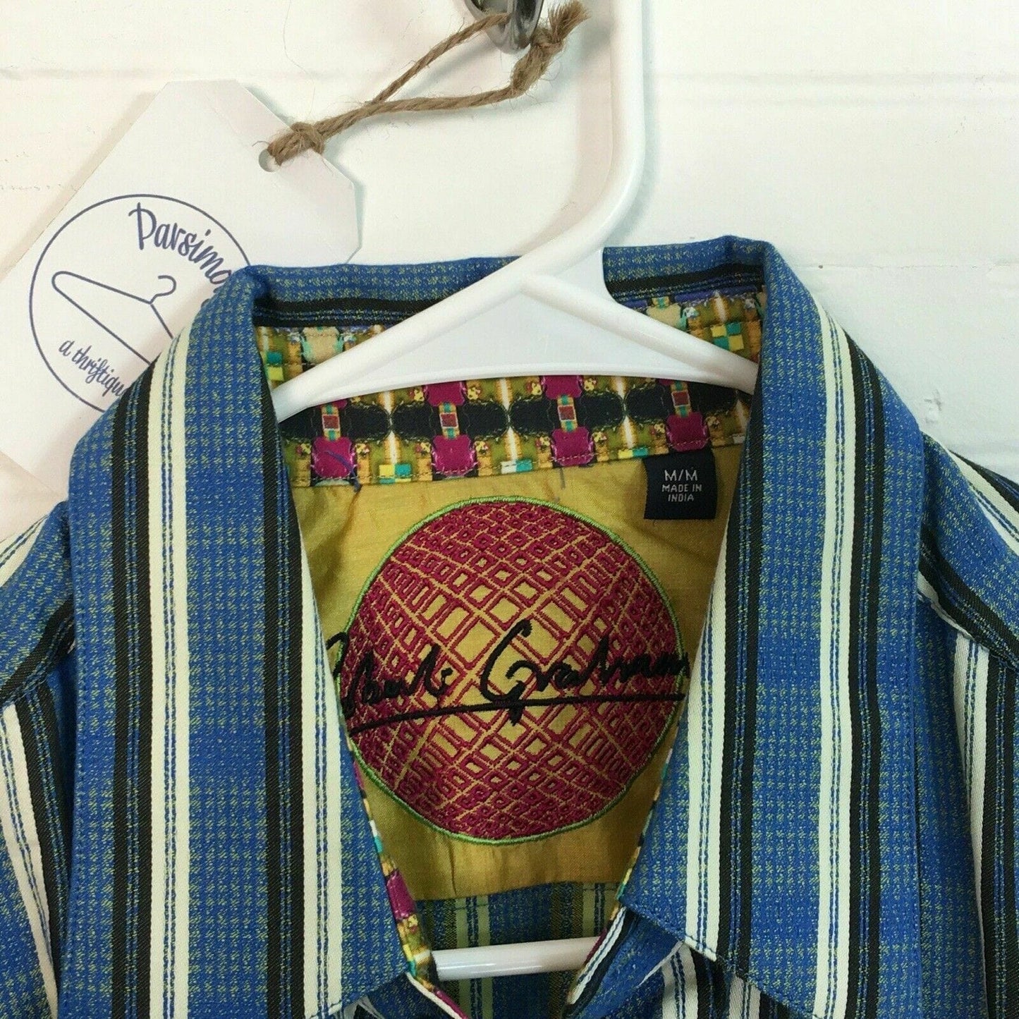 Robert Graham Mens Long Sleeve Shirt, Blue Striped - Size M - Contrasting Cuffs