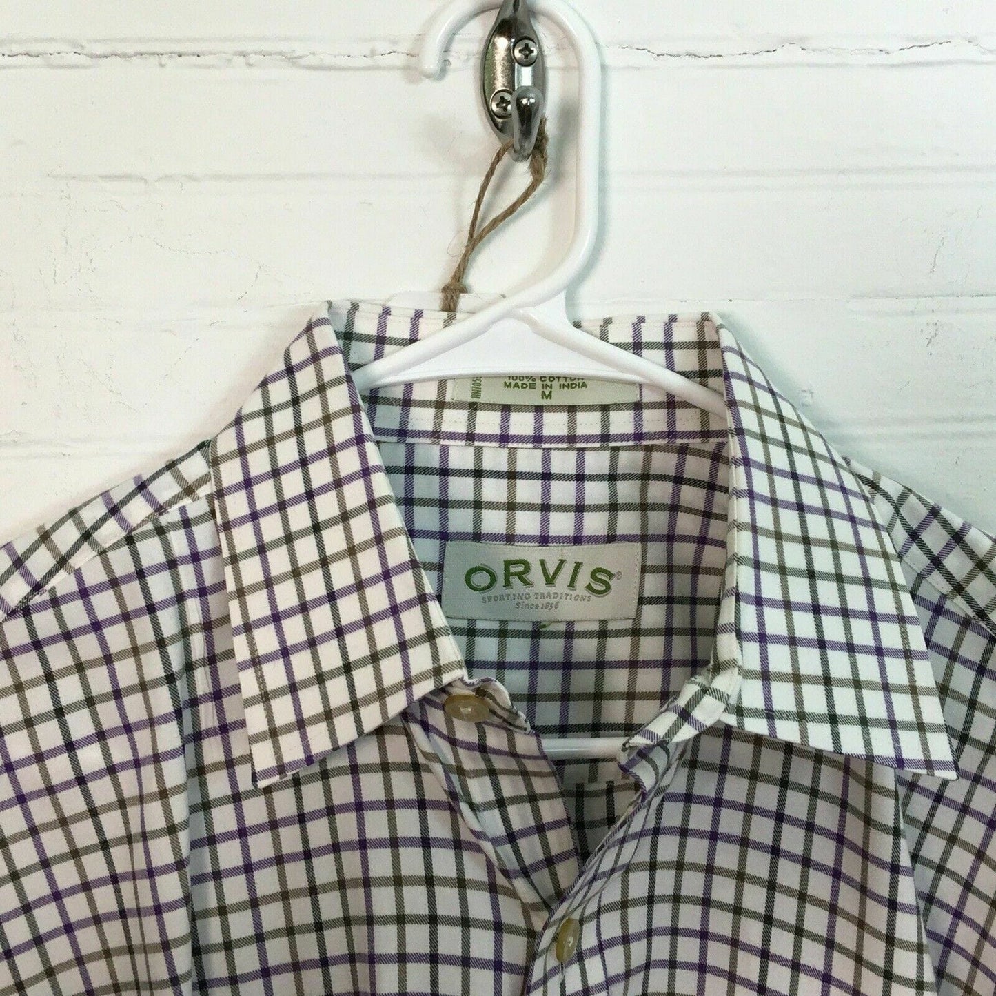 Orvis Men's Size M White, Brown, and Purple Box Check Long Sleeve Dress Shirt