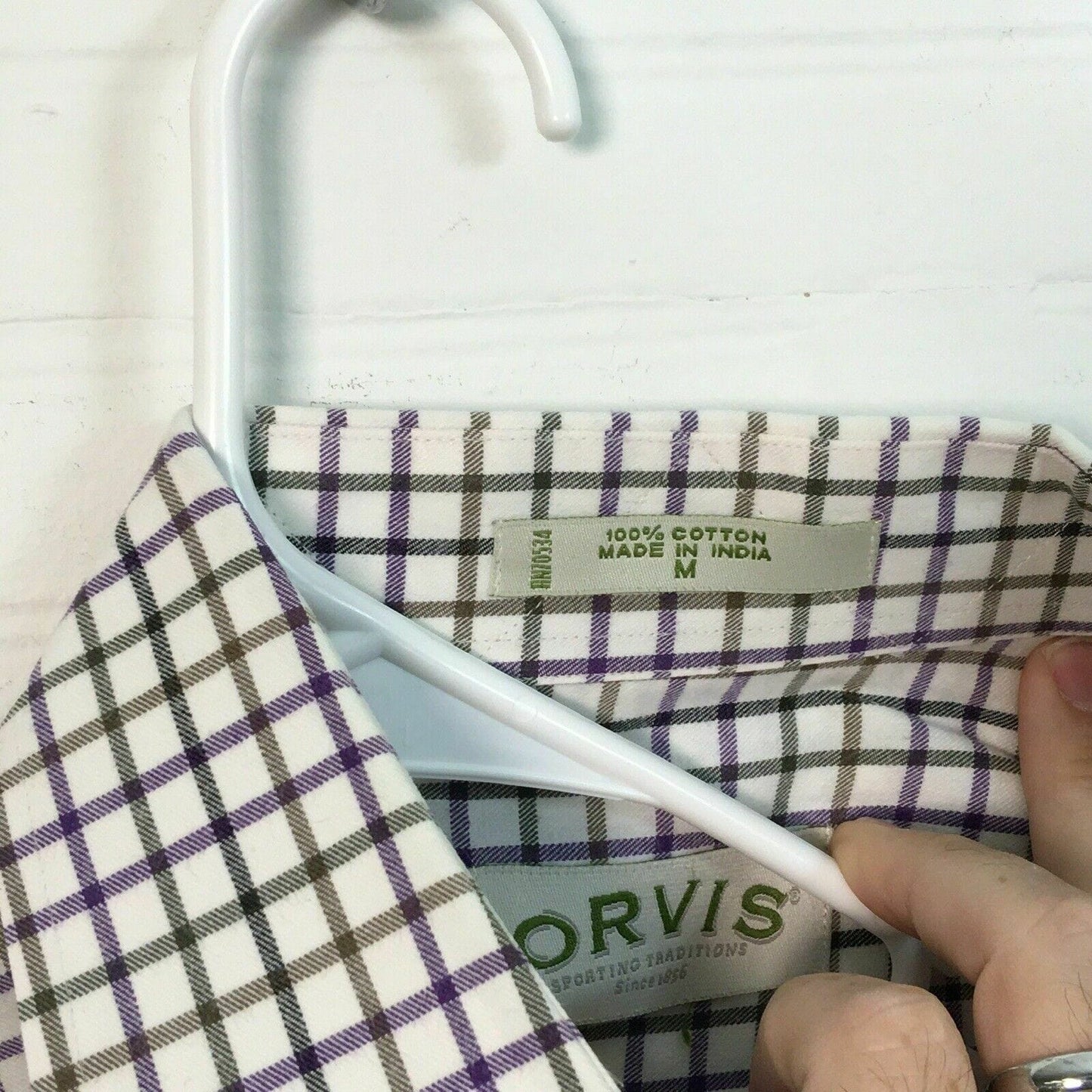 Orvis Men's Size M White, Brown, and Purple Box Check Long Sleeve Dress Shirt