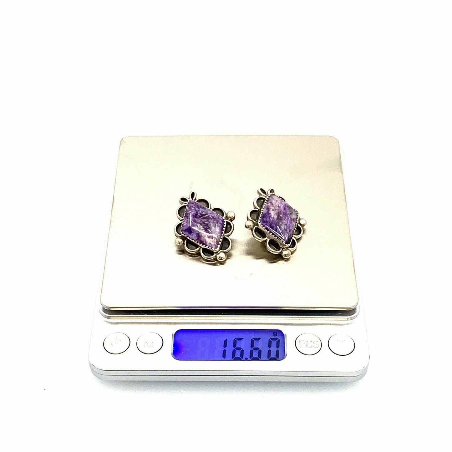Vintage Charm Navajo Womens Clip On Sterling Silver Earrings, Purple Charoite Stone