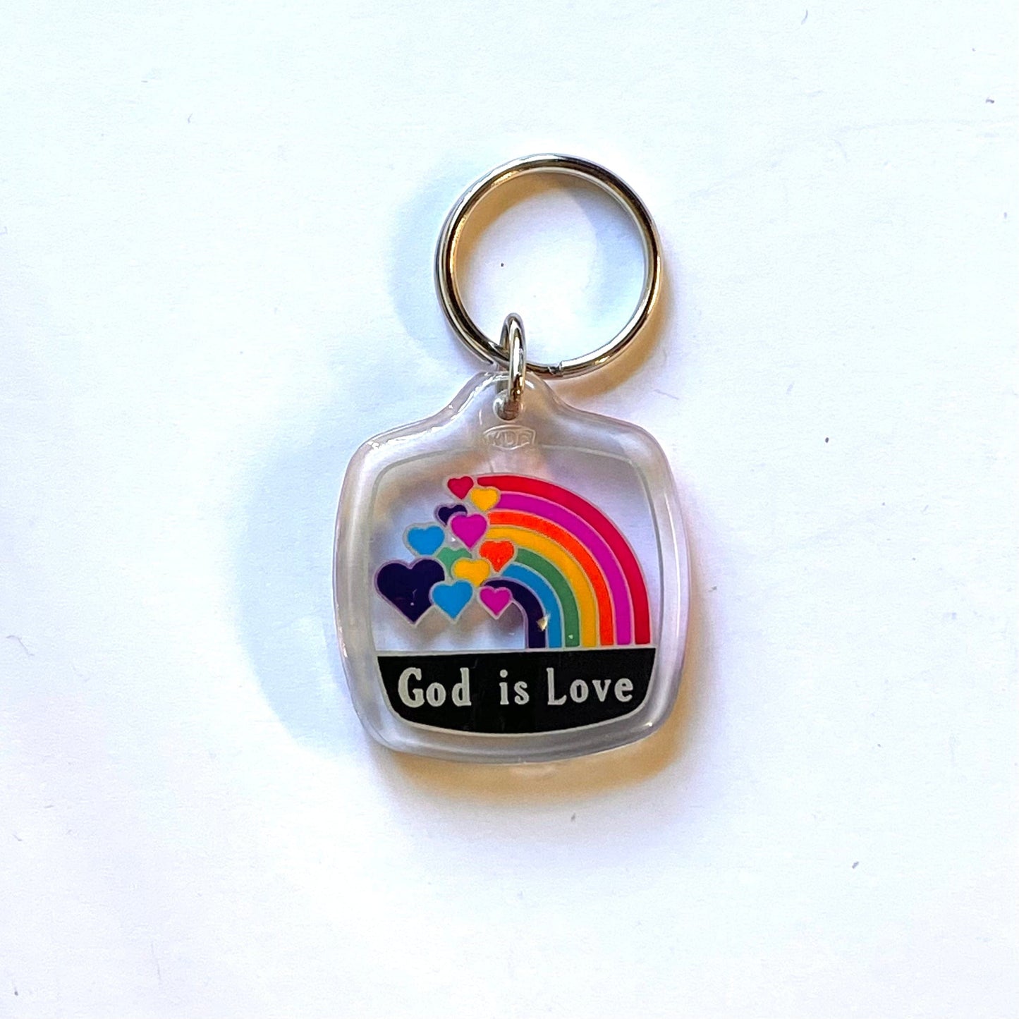 “God is Love” Rainbow Hearts Souvenir Keychain Key Ring Square Clear Acrylic
