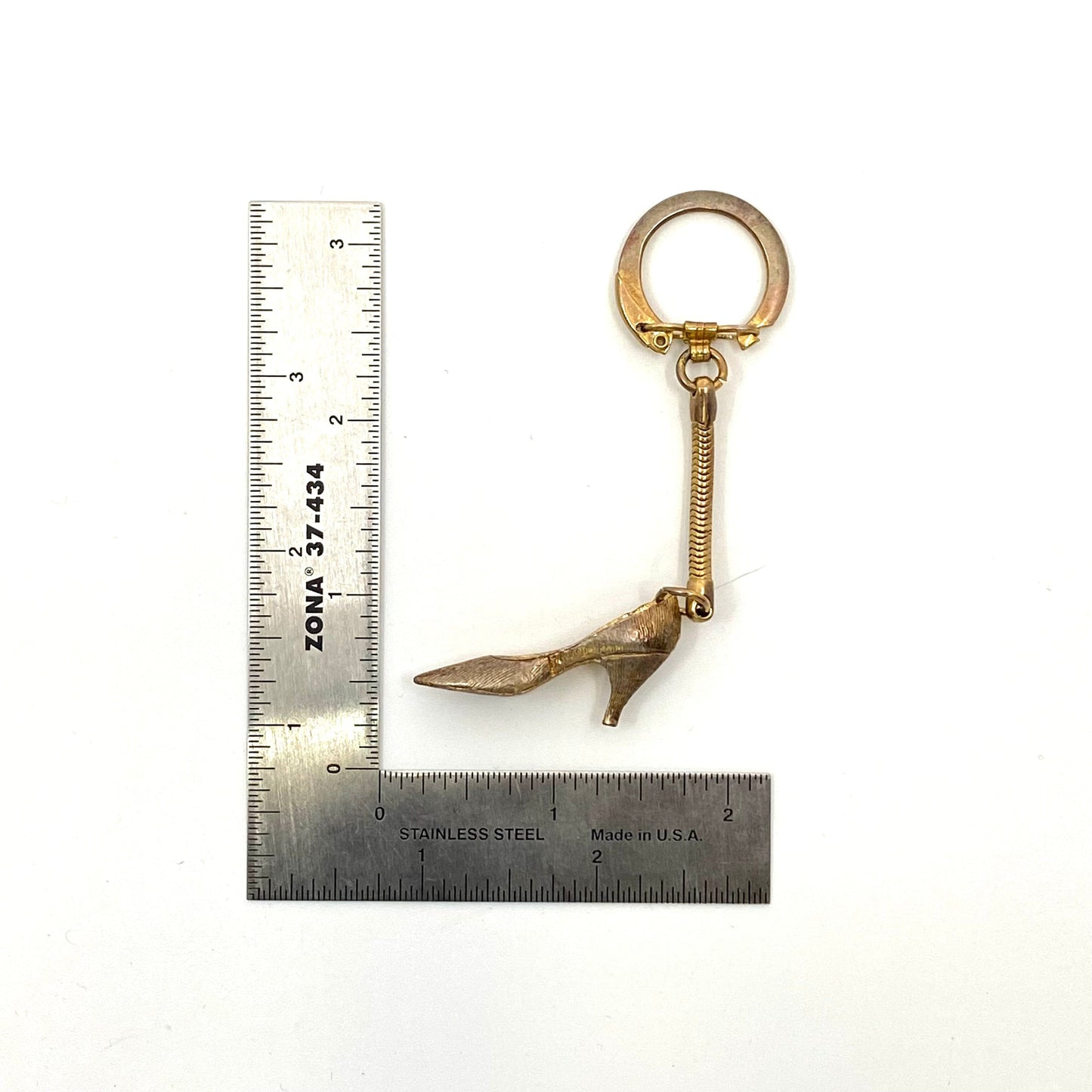 Vintage High Heel Shoe Keychain Goldtone Textured Metal Keyring Stiletto