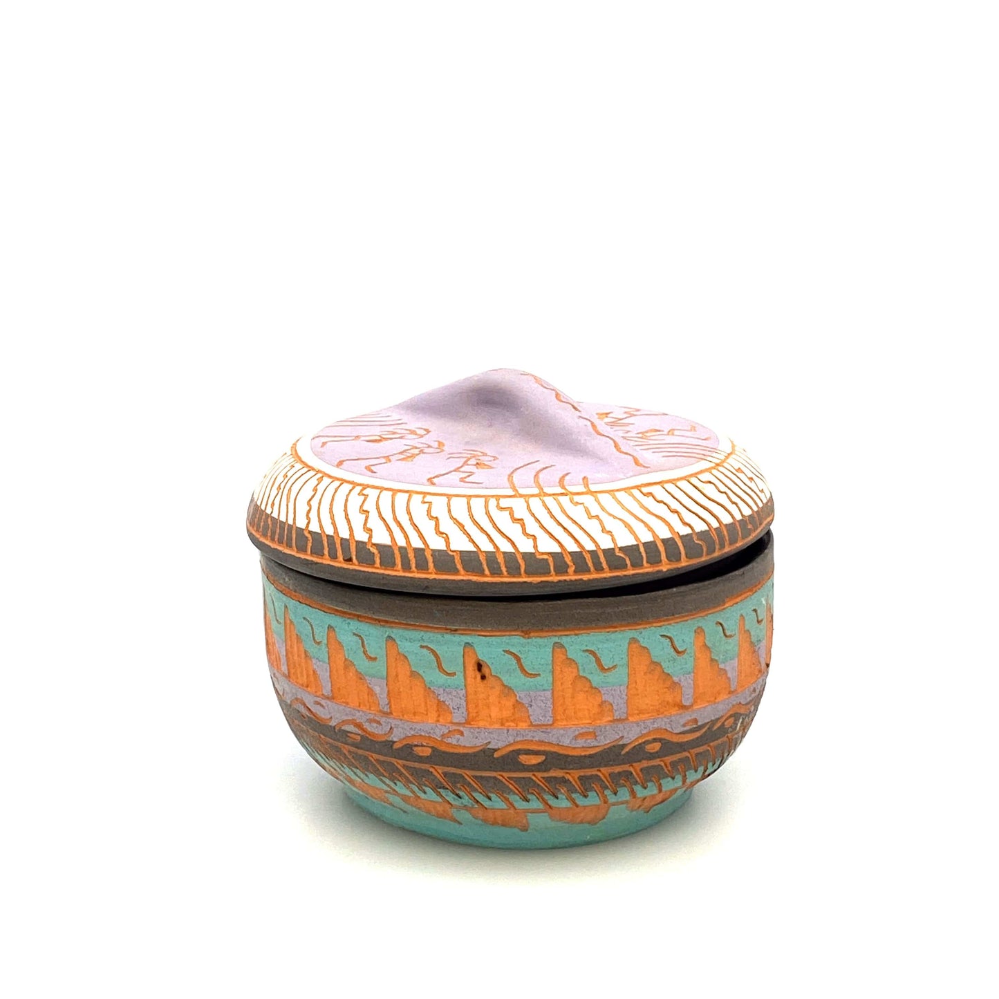 Navajo Pottery by Anna Tsosie Terra Cotta Hand Etched Jar* w/ Lid 4” Pink Brown