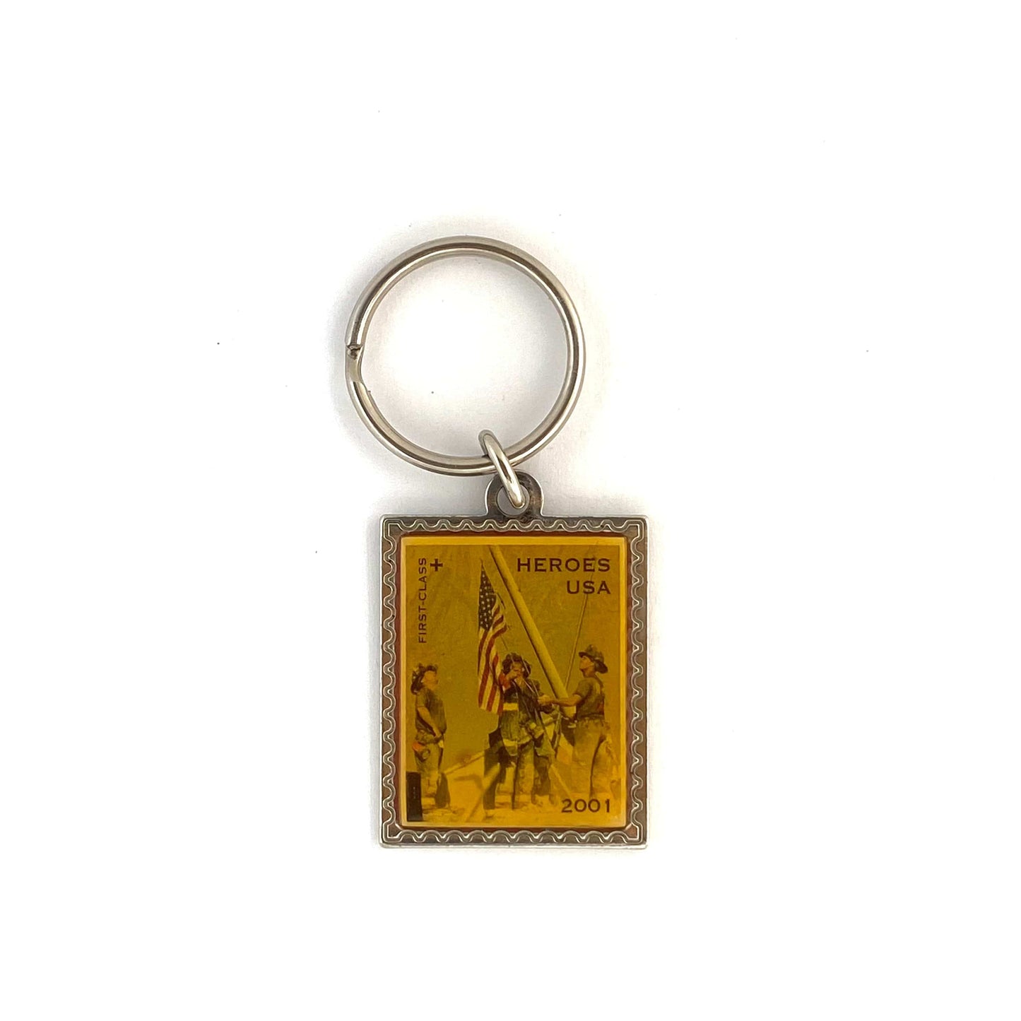 Vintage 2001 Postage Stamp "Heroes USA" 9/11 First-Class Commemorative Enamel Keychain Key Ring