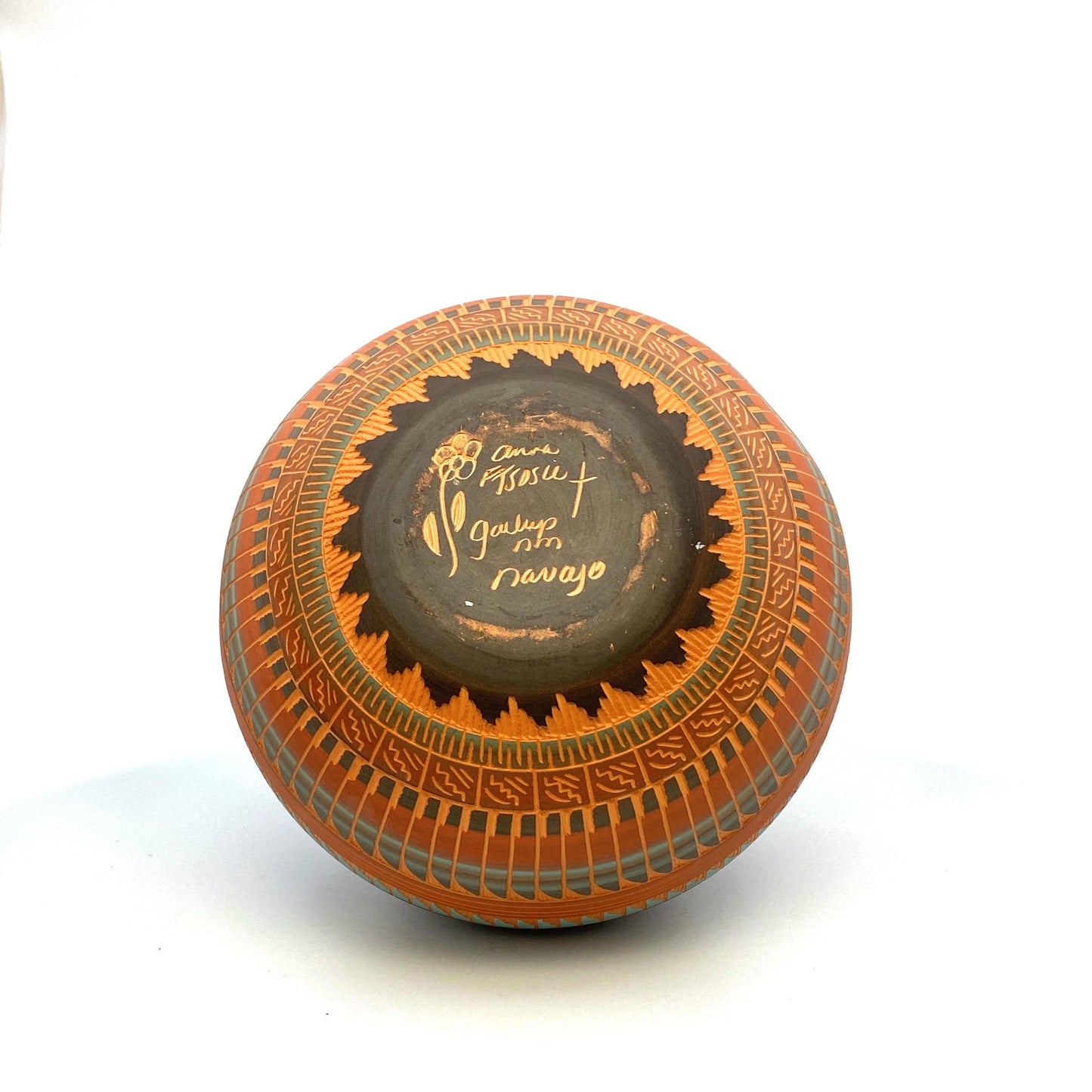 Navajo Pottery Vase | Hand-Etched & Painted Anna Tsosie Signed | Turquoise and Terracotta Tones | 7” | Vintage EUC