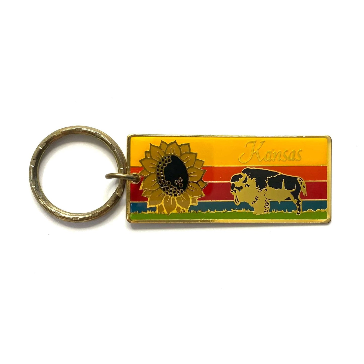 Vintage Kansas Enamel Sunflower Souvenir Keychain Key Ring Metal Rectangle Gold