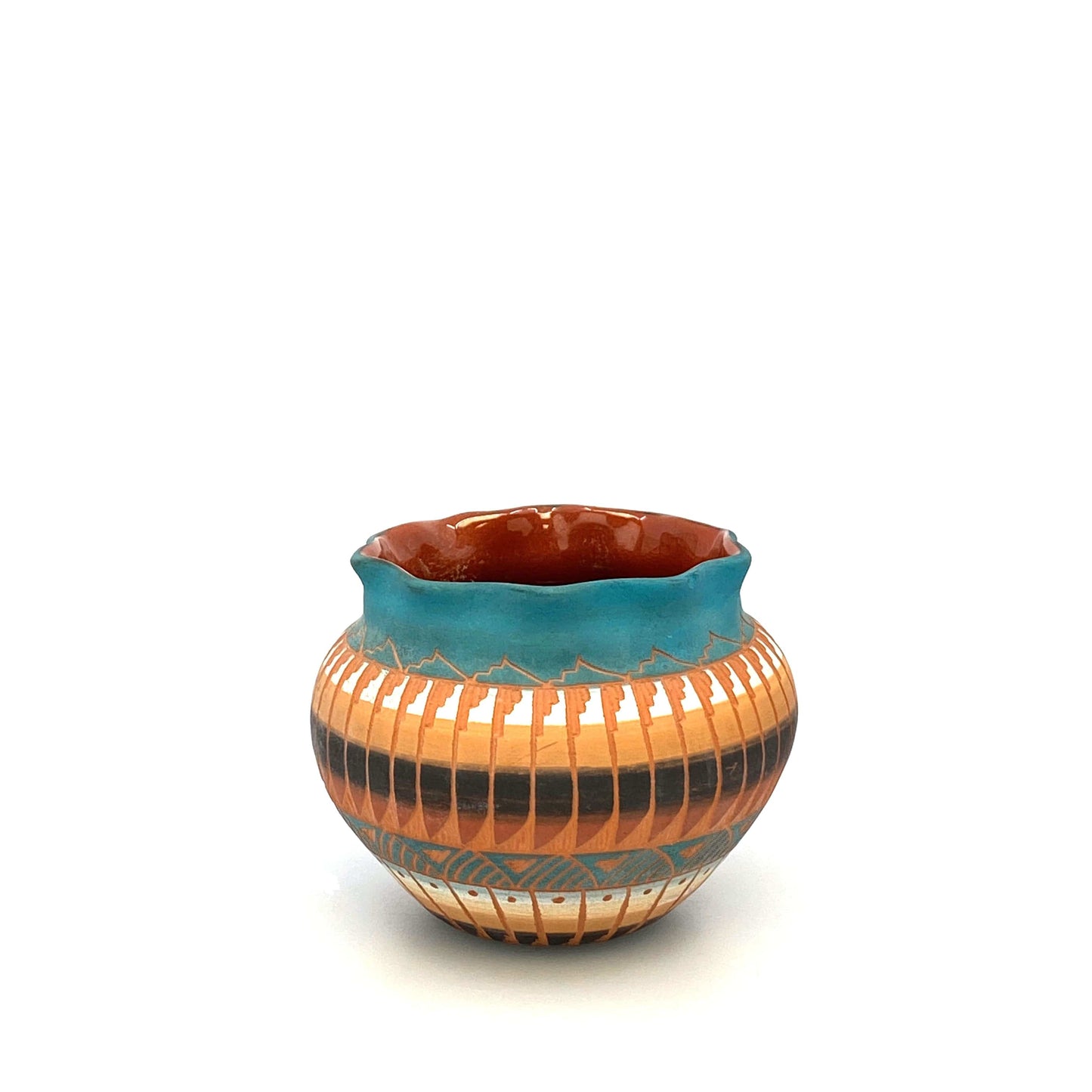 Navajo Pottery by Anna Tsosie Terra Cotta Hand Etched Small Pot 3.5” Blue Orange Brown