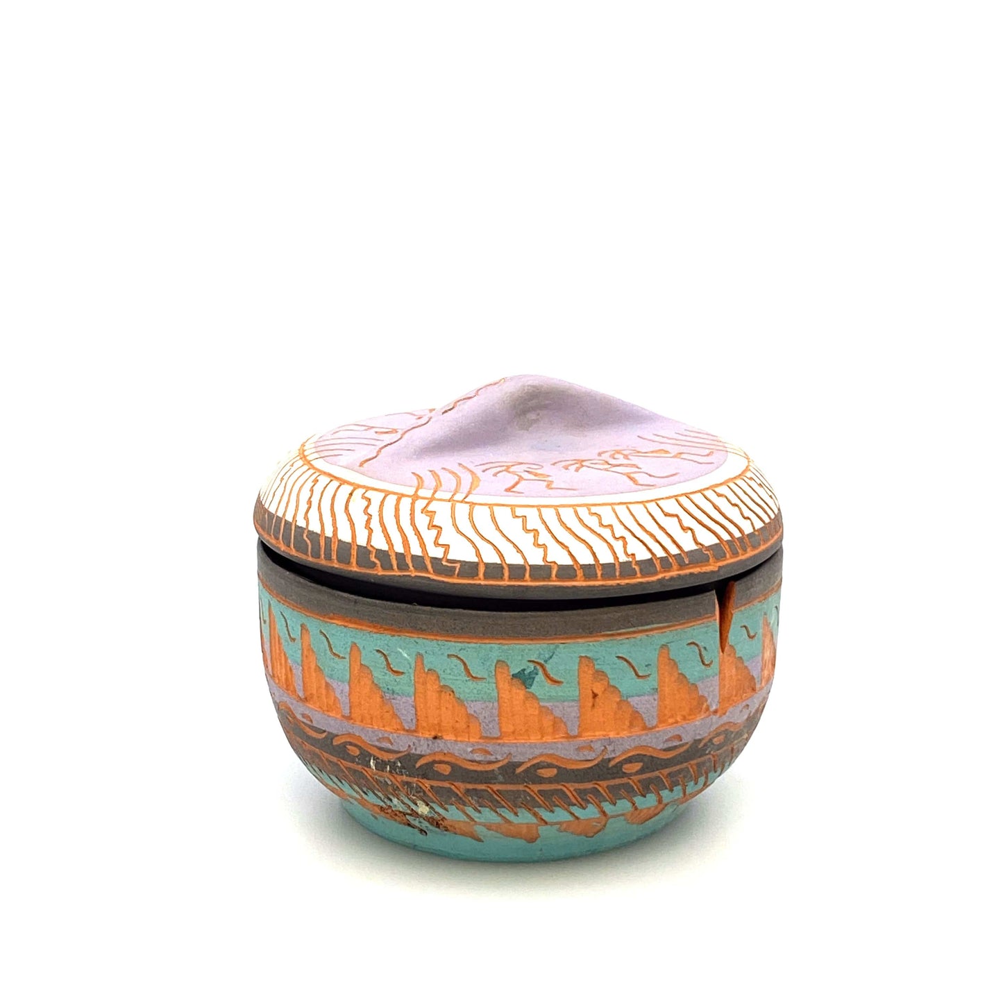 Navajo Pottery by Anna Tsosie Terra Cotta Hand Etched Jar* w/ Lid 4” Pink Brown
