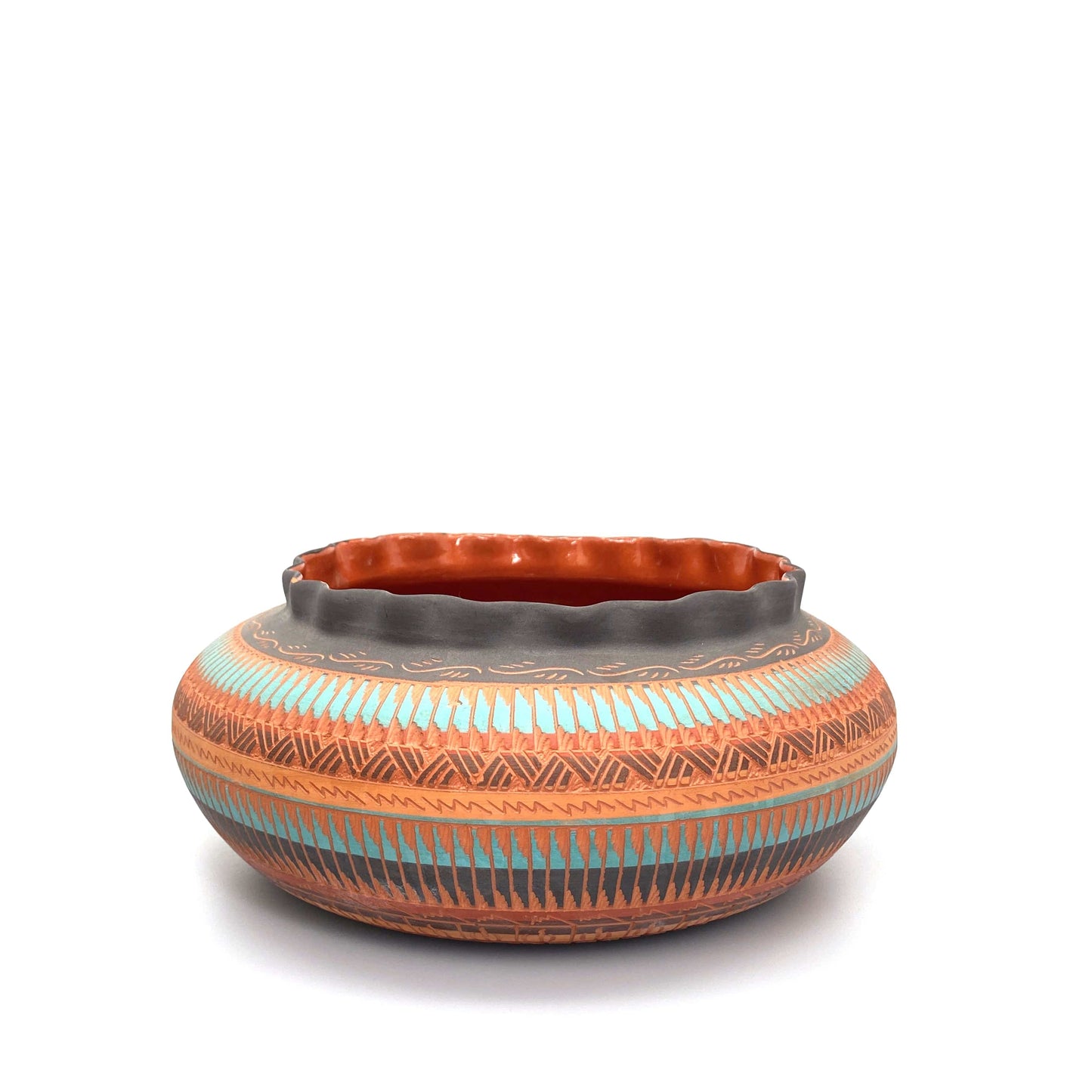 Navajo Pottery by Anna Tsosie Water Bowl Scalloped Top Terra Cotta Hand Etched 9”
