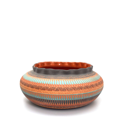 Navajo Pottery by Anna Tsosie Water Bowl Scalloped Top Terra Cotta Hand Etched 9”
