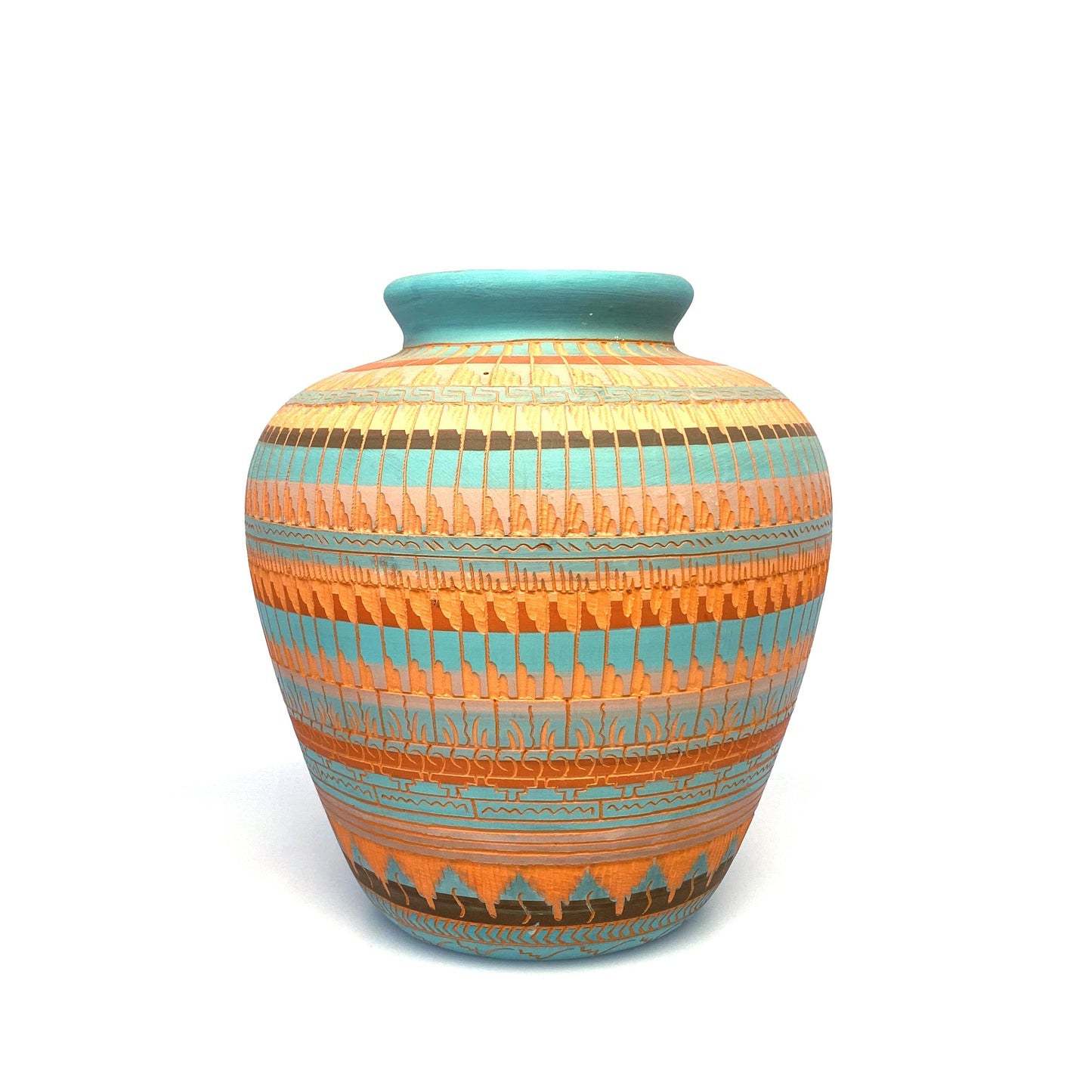 Navajo Vase Anna Tsosie Signed Terra Cotta Hand Etched - 9” Orange Teal Blue