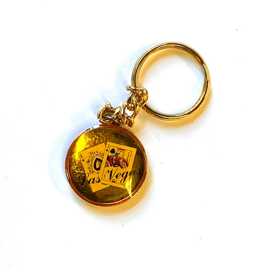 Vintage “Las Vegas” Playing Cards Enamel Souvenir Keychain Key Ring Metal Gold