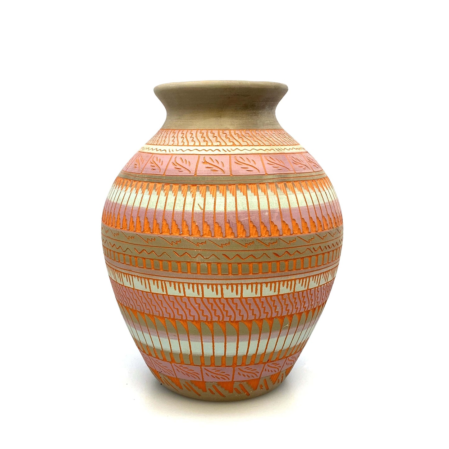 Navajo Pottery Vase Anna Tsosie Signed Terra Cotta Hand Etched 9” Pink Orange
