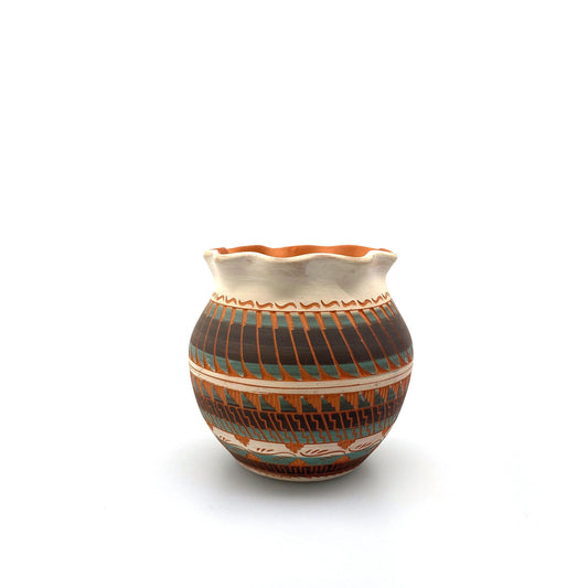 Navajo Pottery by Anna Tsosie Terra Cotta Hand Etched Jar 4.5” White Orange Blue