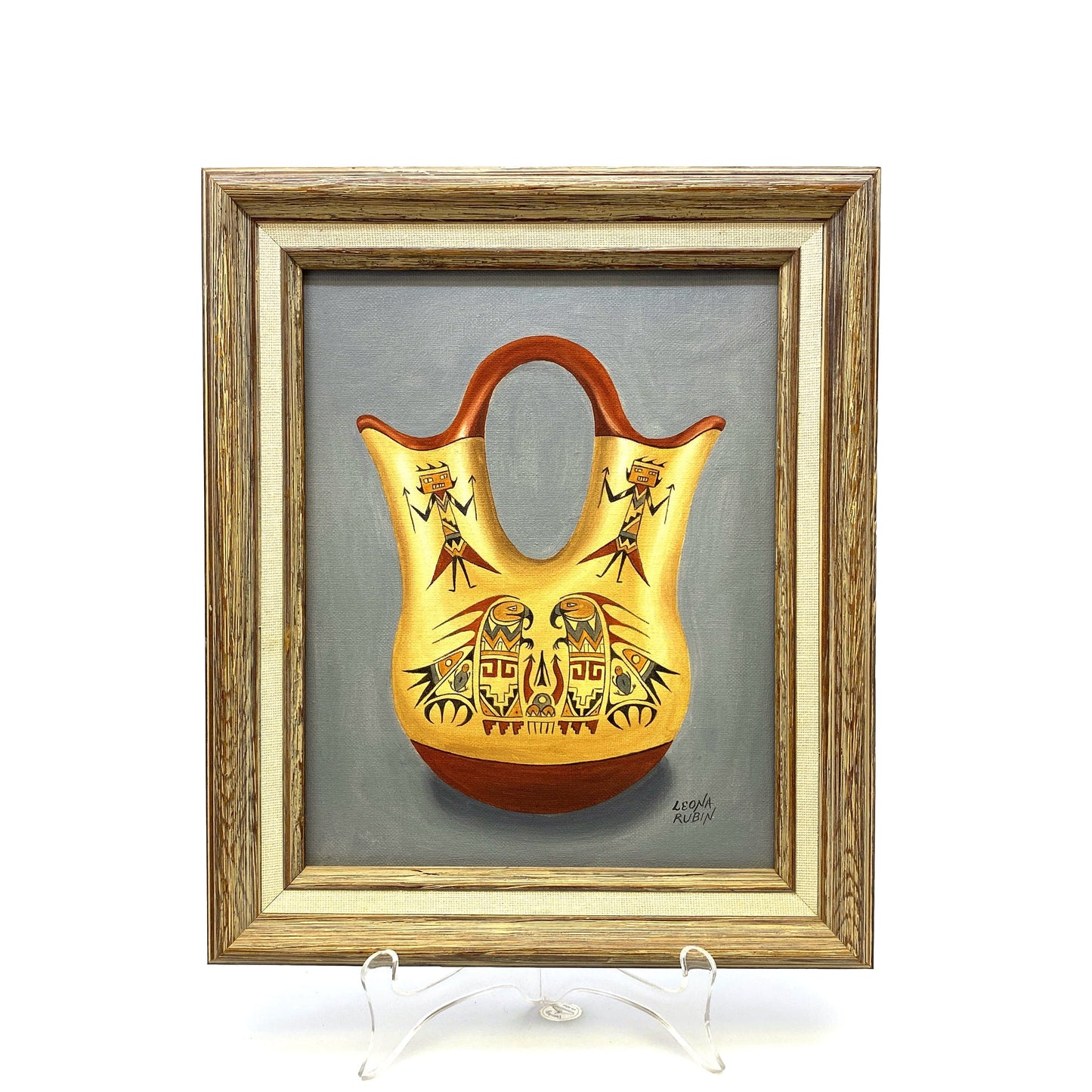 Navajo Oil Painting Traditional Wedding Vase on Acrylic by Leona Rubin Framed