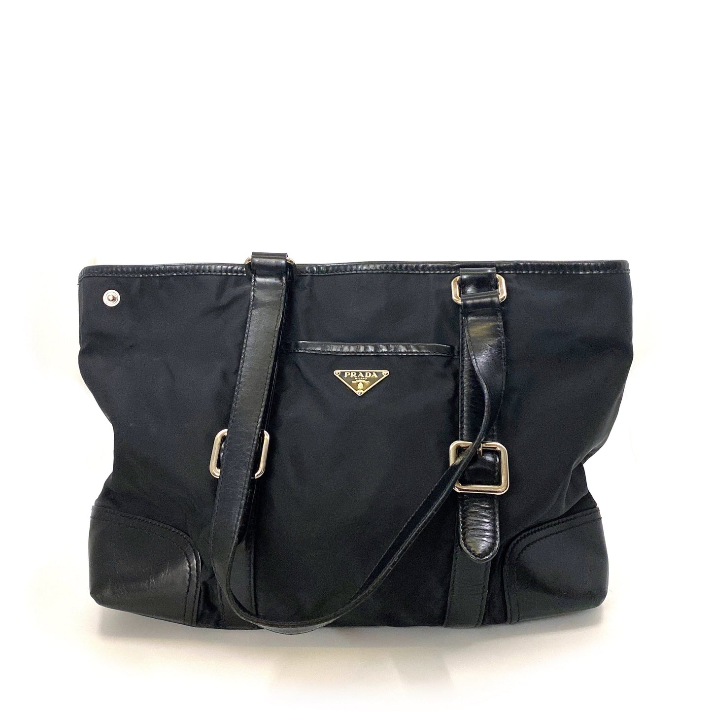 PRADA Women’s Nylon/Leather Expandable Shoulder Tote | Nero (Black) | L | Inner Snaps | Pre-Owned