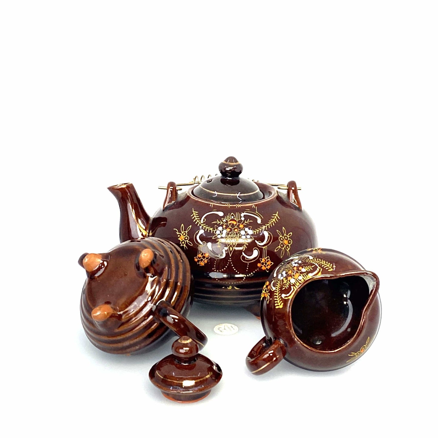 Redware Brown Betty | Moriage Tea Pot Cream Sugar Bowl Set Japan 1960’s | Vintage Hand-Painted