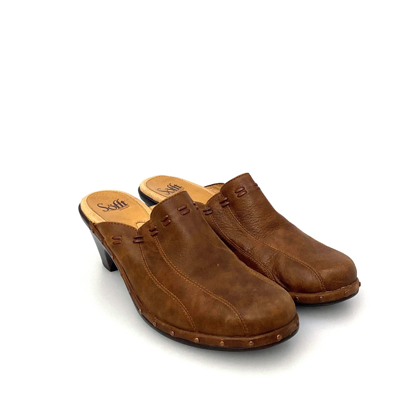 Sofft Womens Size 9M Brown Mules Shoes Leather Stitched Heeled