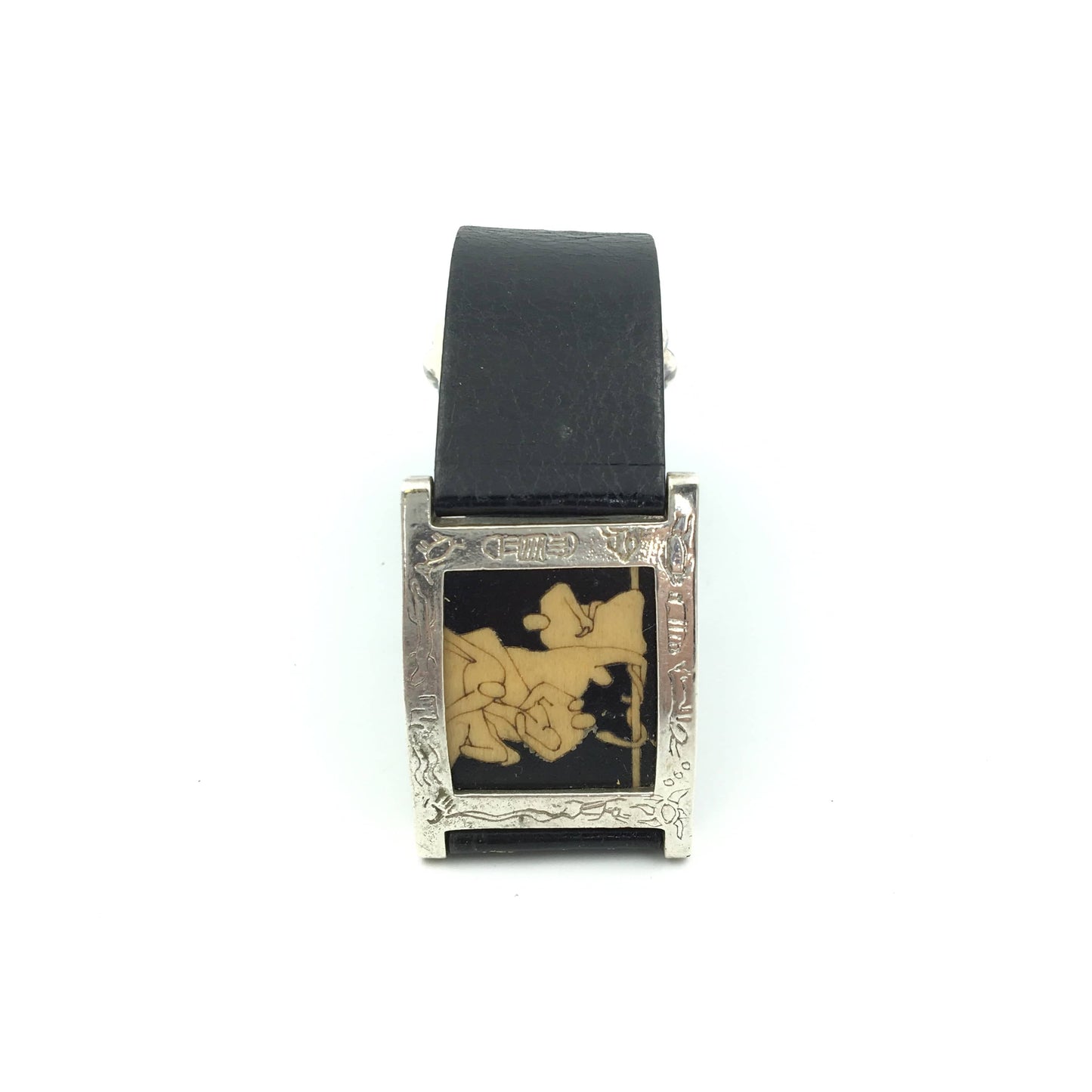Womens Hand-Made Sterling Silver Storyteller Bracelet Leather Band Clasp
