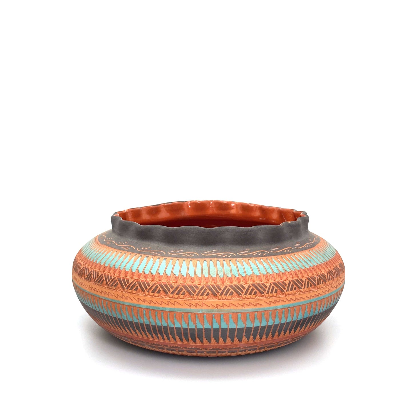 Navajo Pottery by Anna Tsosie Water Bowl Scalloped Top Terra Cotta Hand Etched 9”
