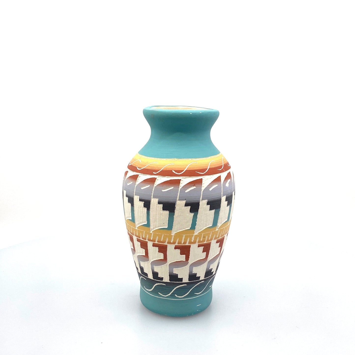 Lakota Pottery Vase Signed T.K. Lakota 99 Terra Cotta Hand Etched 8” Blue White Orange