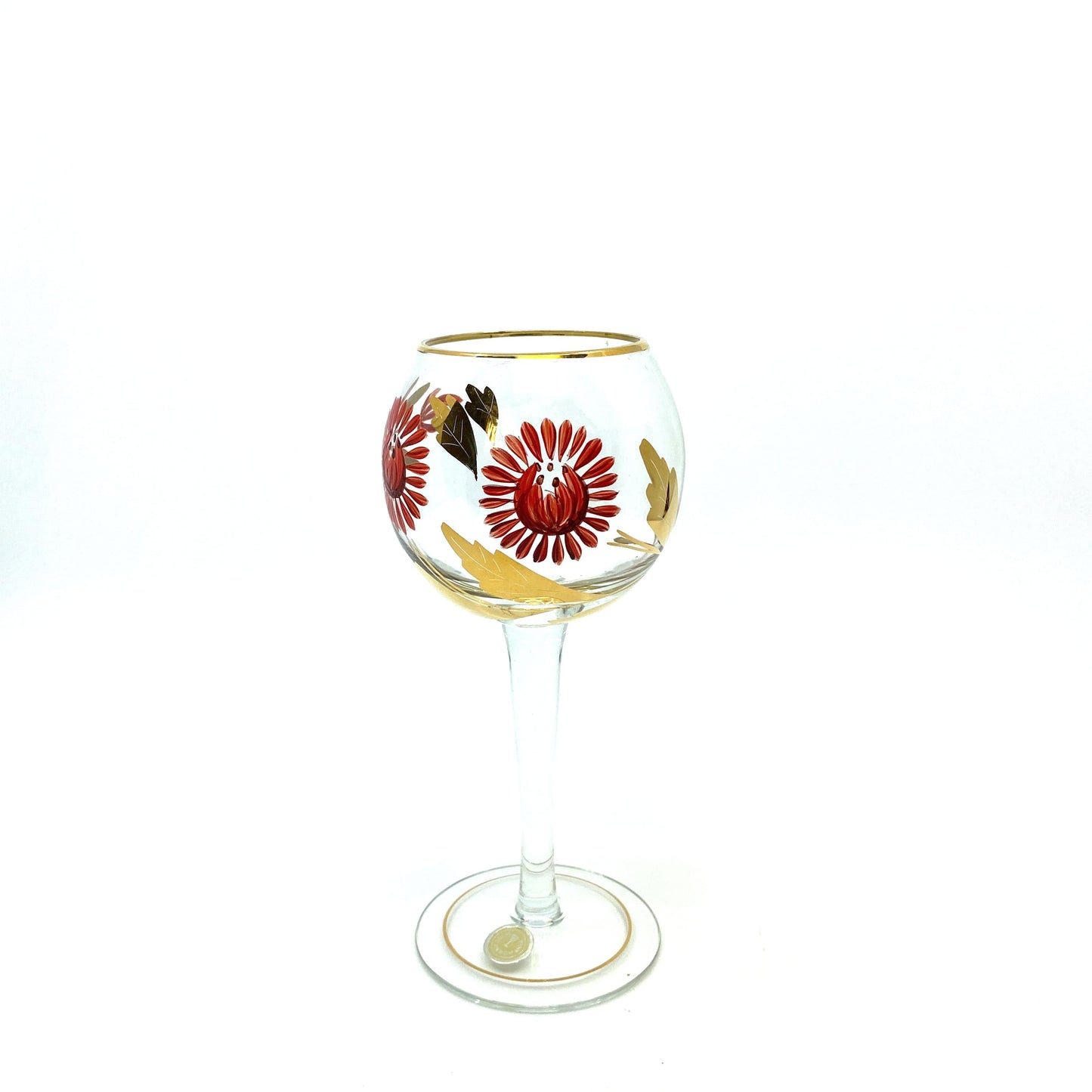 Vintage Decanter and Stemmed Glasses Made in Romania Red Flowers Gold Leaves - 7 Piece Set